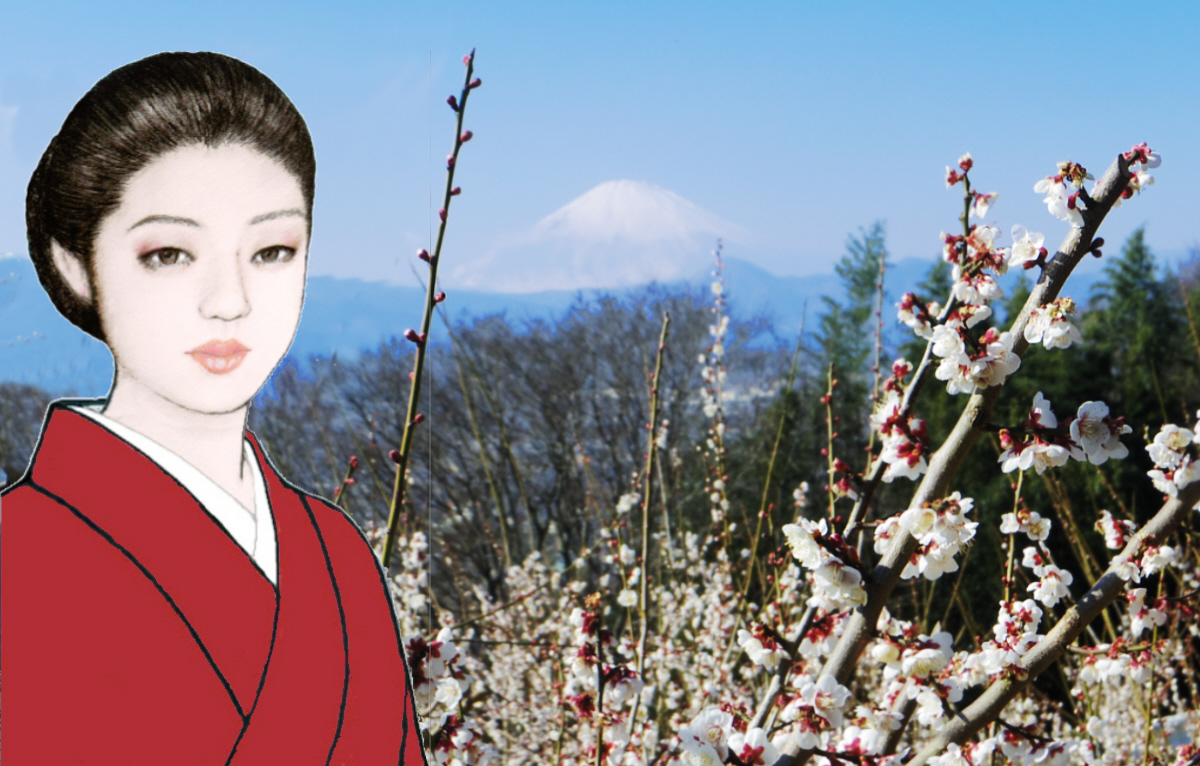 有希と梅と富士山　 一月二十八日の曽我山から 