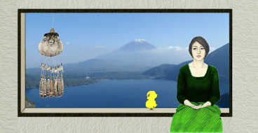 陽子と富士山　　本栖湖湖畔から