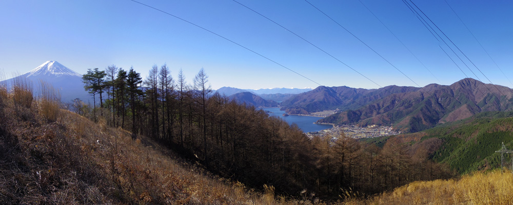 送電鉄塔から登山道を横切り斜面を3mほど下ると富士山と河口湖