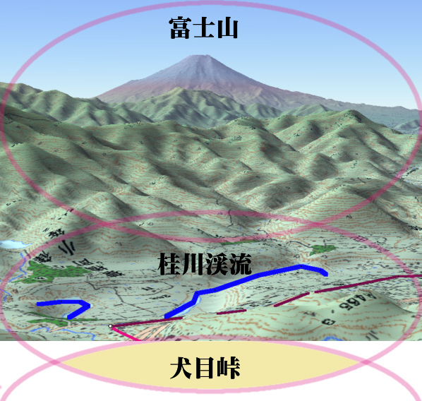 君恋温泉の300m上空からの富士山、桂川と犬目峠