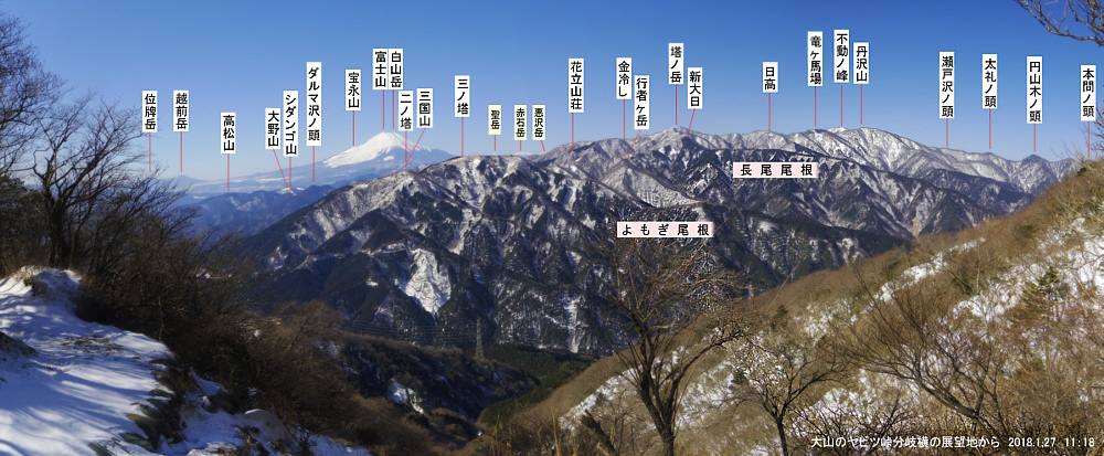 大山のヤビツ峠分岐横の富士山展望地からの富士山と丹沢山地の山座同定