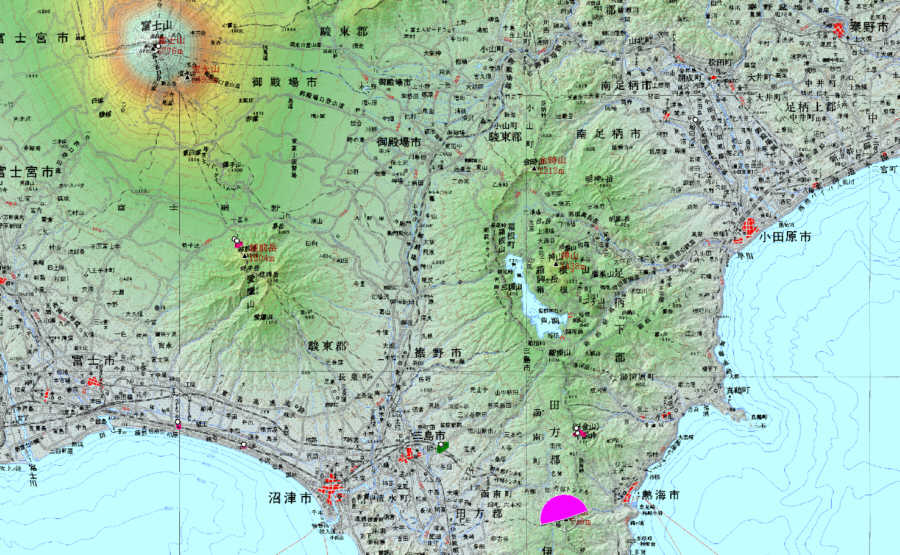 富士山と箱根山と相模湾の地図