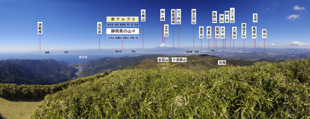 達磨山山頂からの富士山がいる大展望の山座同定