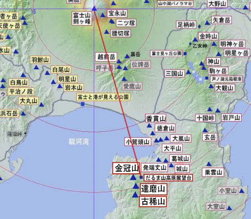 だるま山高原展望台と富士山の地図