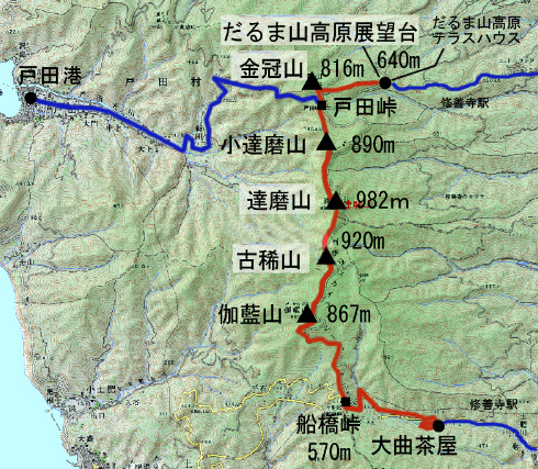 達磨山、古稀山の登山コ－ス