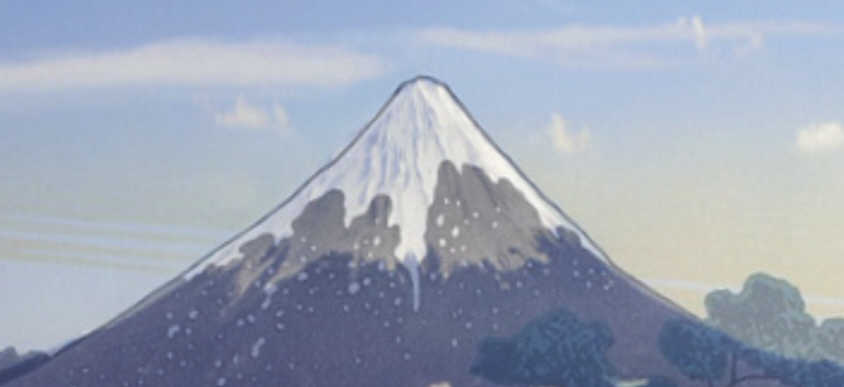 北斎「甲州犬目峠」と実際の横幅を縮小した富士山を重ね合わせた山頂部